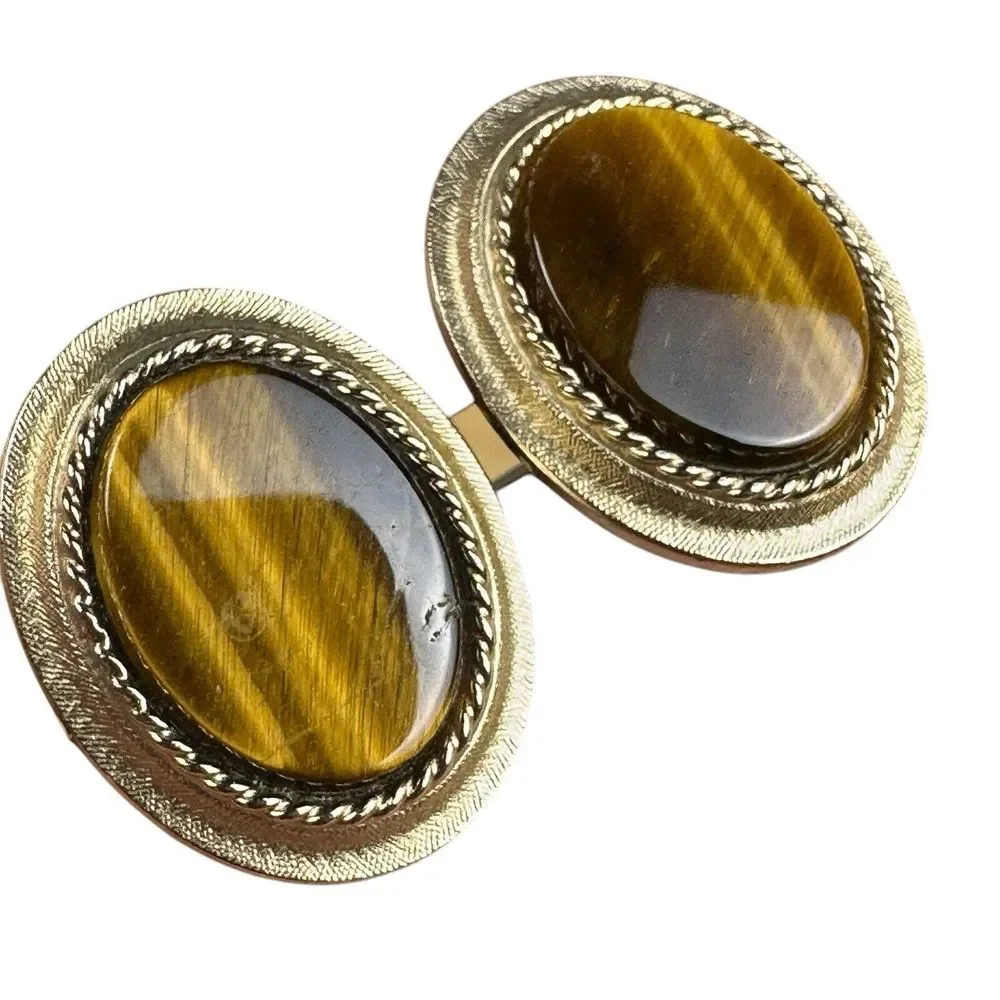 VTG Anson Pat Pend Golf Club Tee Ball Tigers Eye Stone Cufflinks‎ Gold Plated